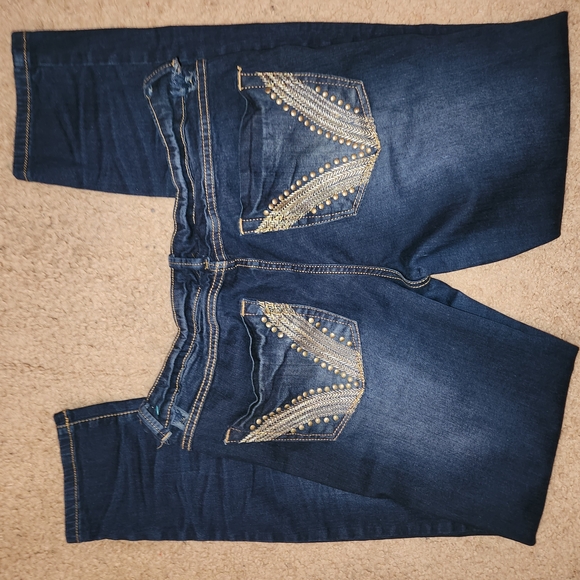 Baby Phat navy blue bootcut skinny jeans with gold stones details. - Picture 4 of 8
